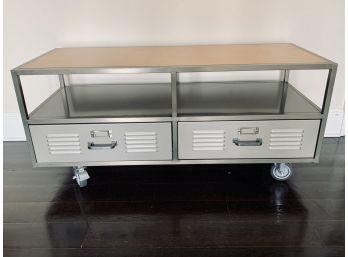 Industrial Metal And Wood Entertainment Console On Wheels