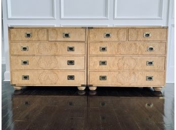 Pair Of Blonde Burled Wood Campaign Chests - 5 Drawer