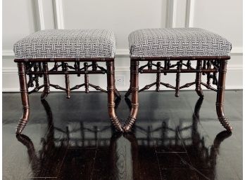 Pair Of Small Faux Bamboo Benches In Dark Walnut Finish - Navy And Cream