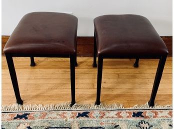 Pair Of Pottery Barn Foot Stools - Leather And Wrought Iron