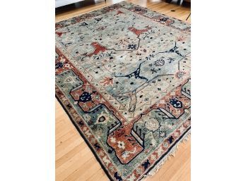Large Wool Area Rug - Turquoise, Rust, Navy And Tan