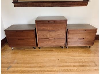 American Woods & Veneers Modern Solid Walnut With Bronze Legs Dresser And Pair Of Bedside Tables
