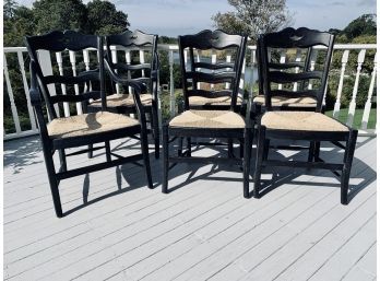Set Of 6 Marie Albert French And Country Furnishings Picard Farm Dining Chairs - Distressed Black Rush Seats