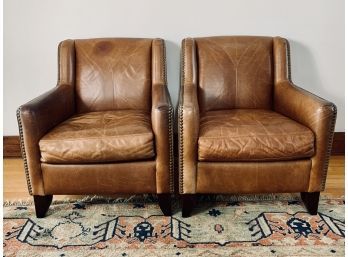 Pair Of Bernhardt Leather Armchairs With Nailhead Detail With Wood Feet