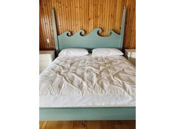Turquoise Painted Wave Pattern King Bed - Mattress No Label