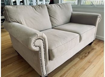 Bauhaus Furniture Tan Herringbone Love Seat With Nailhead Detail