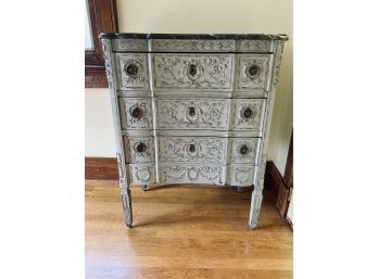 Antique Grey Carved French 3 Drawer Chest Of Drawers With Marble Top With Brass Pulls