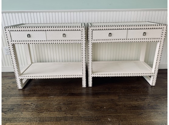 Pair Of White Grasscloth Console Tables With Silver Nailhead Detail And 2 Drawers