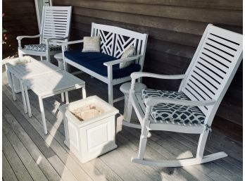 White Porch Set - 2 Wooden Rockers, 2 Metal Side Tables, 2 Garden Stools, 1 Bench, 2 Plastic Square Planters