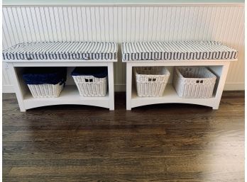 Pair Of White Land Of Nod Benches With Basket Storage