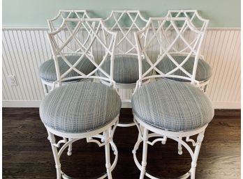 Set Of 5 Painted Metal Counter Height Barstools With Lattice Back And Upholstered Seats - Need Cleaning