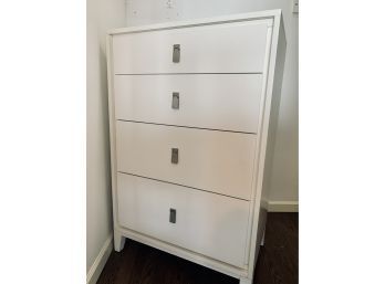 White West Elm Tall 4 Drawer Dresser With White Metal Pull Tabs