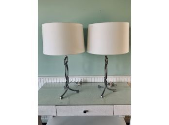 Painted Silver Metal Table Lamps With White Shades