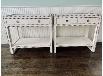 Pair Of White Grasscloth Console Tables With Silver Nailhead Detail And 2 Drawers