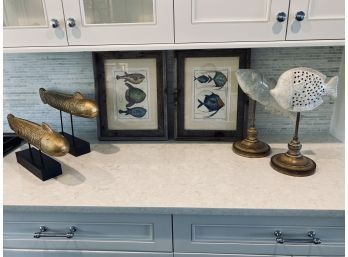 Set Of 3 Fish Botanicals Framed, 2 White Ceramic Fish On Stands, 2 Gold Fish On Stands Wood