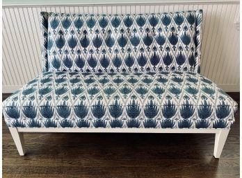 Jonathan Adler Blue And White Ikat Upholstered Bench With Back - Needs A Cleaning