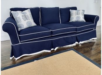 McCreary Modern Navy Blue Couch With White Trim And Piping