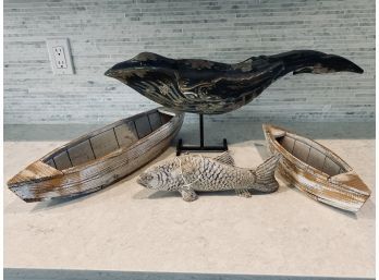 Collection Of 2 Wooden Boats, Fish Candle, Whale On Stand, Whale Weather Vane