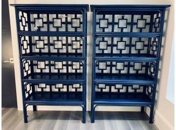 Pair Of Painted Navy Faux Bamboo Bookcases
