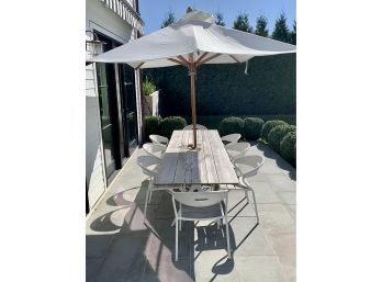 Modern Gloster Teak Patio Table And 8 Metal And Teak Chairs Including Woodbine Rect White Umbrella And Base