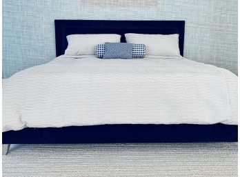 King Size Navy Blue Velvet Bed Tempurpedic Contour Mattress And Custom Duvet And Pillows