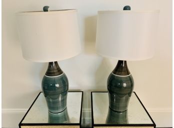 Pair Of Ceramic Table Lamps - Green And Grey With White Stripe And Cream Shades