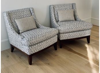 Pair Of Custom Cream, Blue And Tan Upholstered Chairs