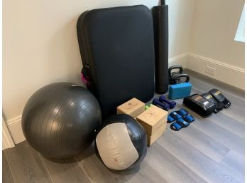 Collection Of Exercise Items And Sierra Comfort Portable Massage Table