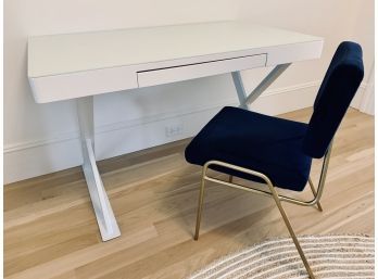 Modern White Lacquer Desk On Metal Legs - 1 Drawer  With West Elm Navy Velvet Chair With Brass Legs