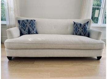 Custom Cream Fabric Down Couch With Dark Wood Legs - This Needs To Be Cleaned