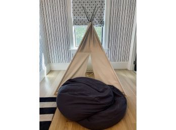 Childrens Silver And White Tee Pee And Pair Of Navy Bean Bag Chairs