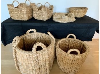 Collection Of Woven Rattan Baskets And Nautical Door Stops