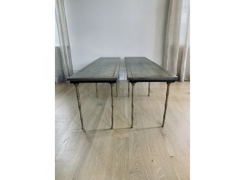 Pair Of Wood Tables With Brass Legs - Used As Coffee Table