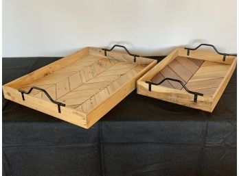 Pair Of Rustic Wood With Black Metal Handle Trays