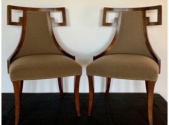 Pair Of Modern Dark Wood And Brown Upholstered Chairs With Nailhead Detail