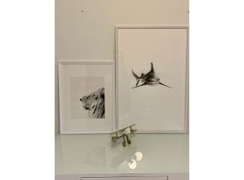 Pair Of Framed Prints - Shark And Lion And Decorative Brass And Ceramic Airplane