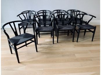 Set Of 12 Frances And Sons Black Wishbone Chairs - Signs Of Use In The Paper Cord Seats