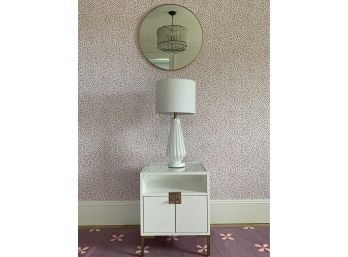 Single Modern White Nightstand With Brass Detail & Feet, White Ceramic Table Lamp With Brass  &brass Mirror