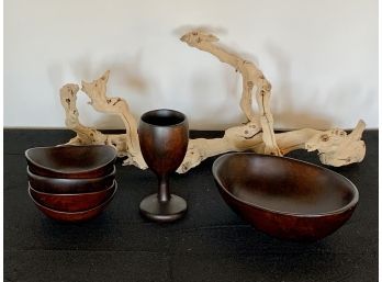 Collection Of Wood Items - Decorative Driftwood And Small Bowls And Serving Bowl