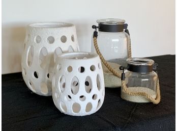 Collection Of Hurricane Lanterns - White Ceramic And Clear Glass