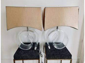Pair Of Modern Lucite Lamps With Cream Shades
