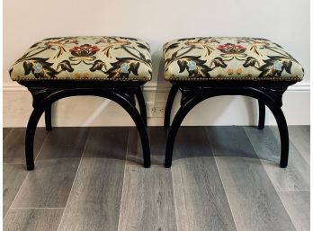 Pair Of Stools With Tropical Upholstered Fabric With Painted Black Lacquer Legs