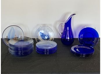 Collection Of Blue And Clear Glass Dishes - Plates, Bowls And Pitcher