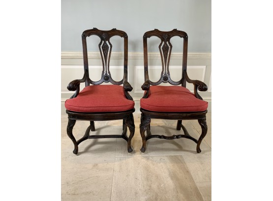Pair Of Carved Antique Cane Seat Armchairs With Red Cushions