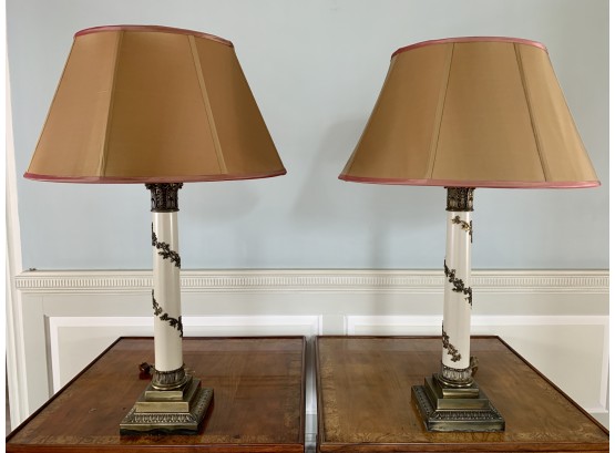 Pair Of Cream Metal With Brass Vine Detail On Brass Base Lamps With Silk Shades