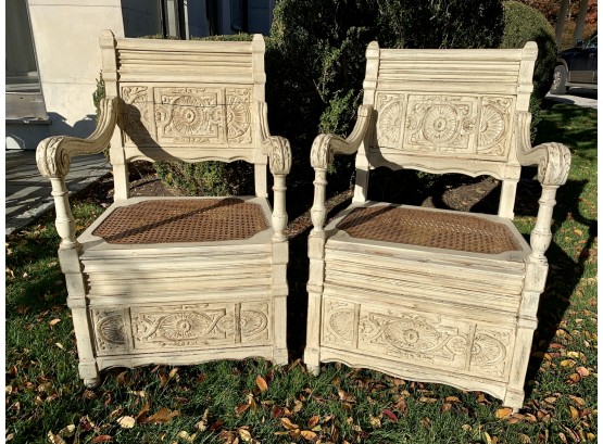 Pair Of Ornate Antique Carved Painted Arm Chairs With Cane Seats