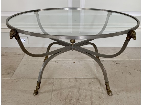 Round Iron And Glass Side Table With Brass Detail
