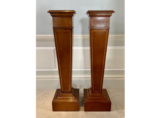 Pair Of Tall Wooden Plant Stands With Inlay