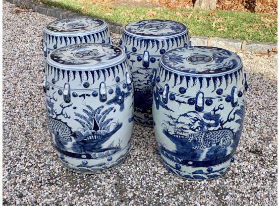 Collection Of 4 Ceramic Blue And White Garden Stools