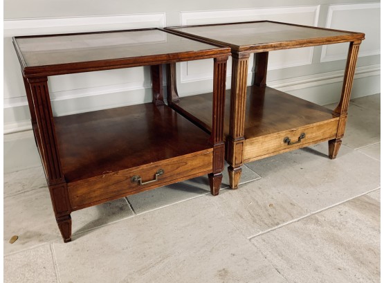 Pair Of Square Side Tables With Inlay And 1 Drawer With Brass Hardware